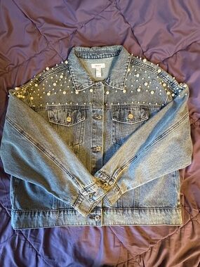Forever 21 pearl and rhinestone denim jacket